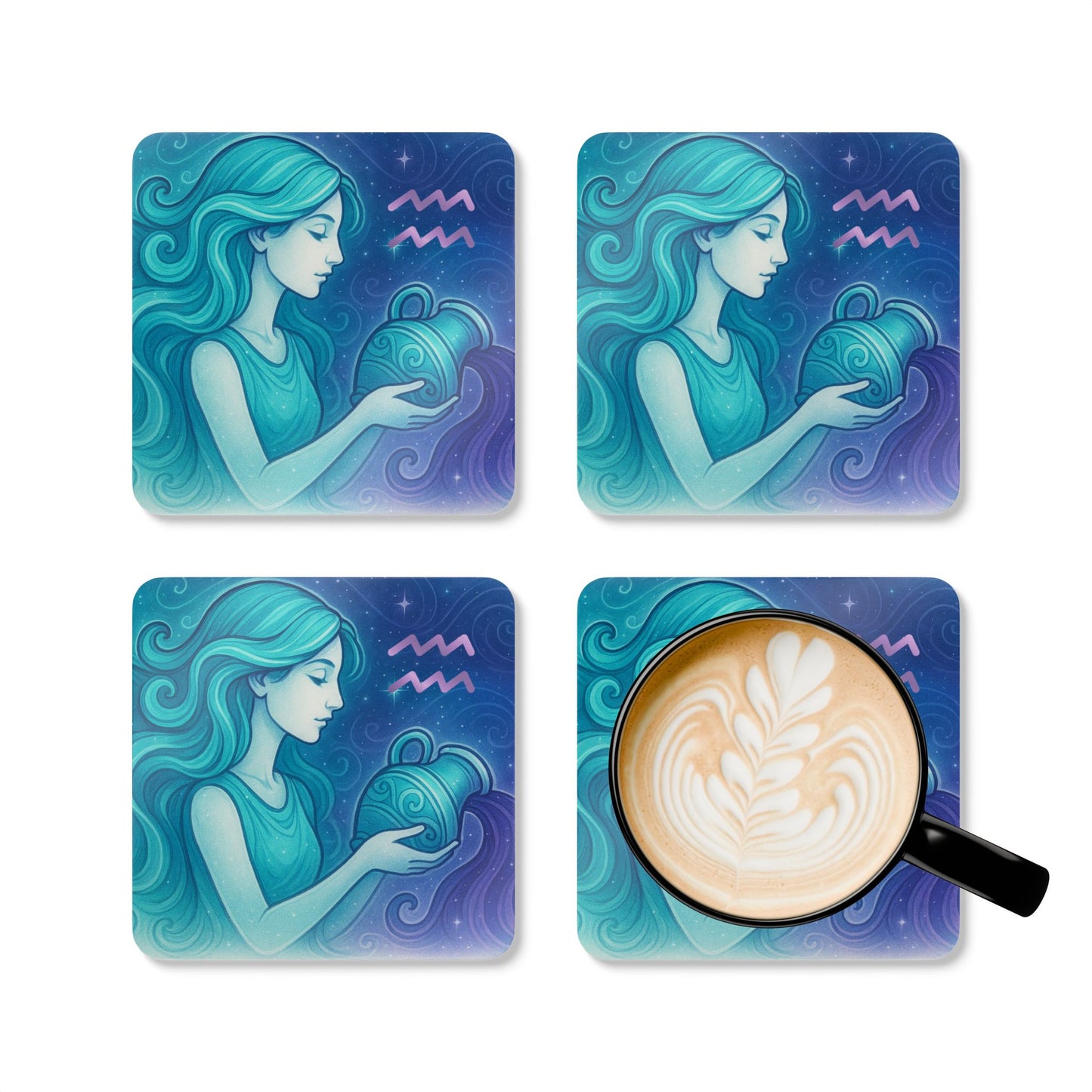 Aquarius Zodiac Coaster Set | Astrology Home Decor, Gift for Astrology Lovers, Unique Drinkware Protection, Cosmic Art Coasters