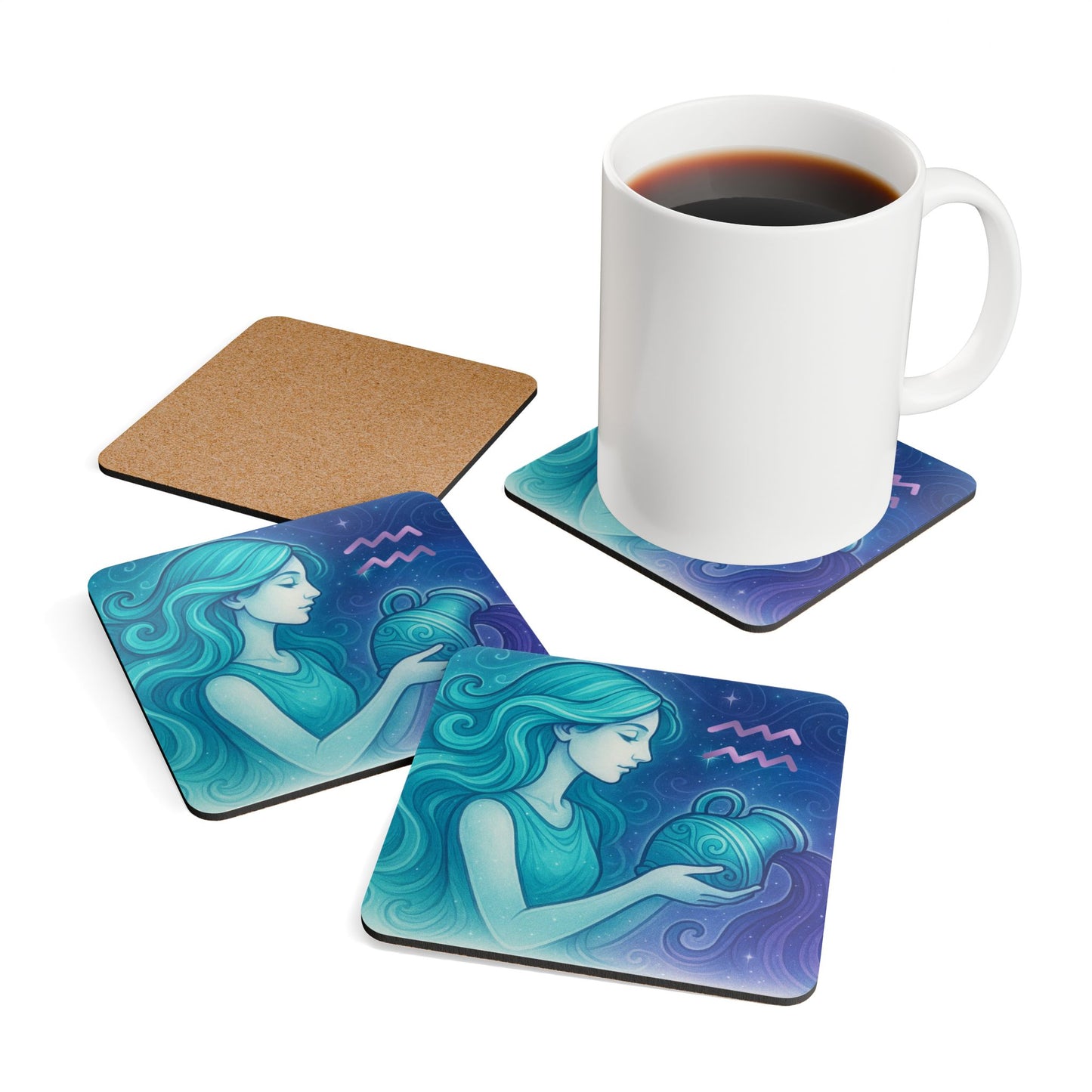 Aquarius Zodiac Coaster Set | Astrology Home Decor, Gift for Astrology Lovers, Unique Drinkware Protection, Cosmic Art Coasters