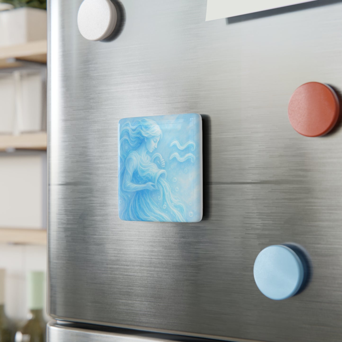 Aquarius Zodiac Porcelain Magnet, Astrological Decor, Square Magnet for Refrigerator, Blue Art Magnet, Gifts for Astrology Lovers