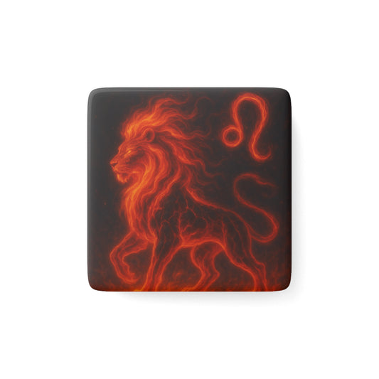 Fiery Leo Zodiac Magnet, Leo Decor, Astrology Gift, Square Porcelain Magnet, Fire Sign Refrigerator Magnet, Unique Home Decor