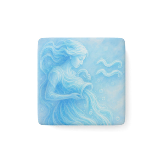 Aquarius Zodiac Porcelain Magnet, Astrological Decor, Square Magnet for Refrigerator, Blue Art Magnet, Gifts for Astrology Lovers