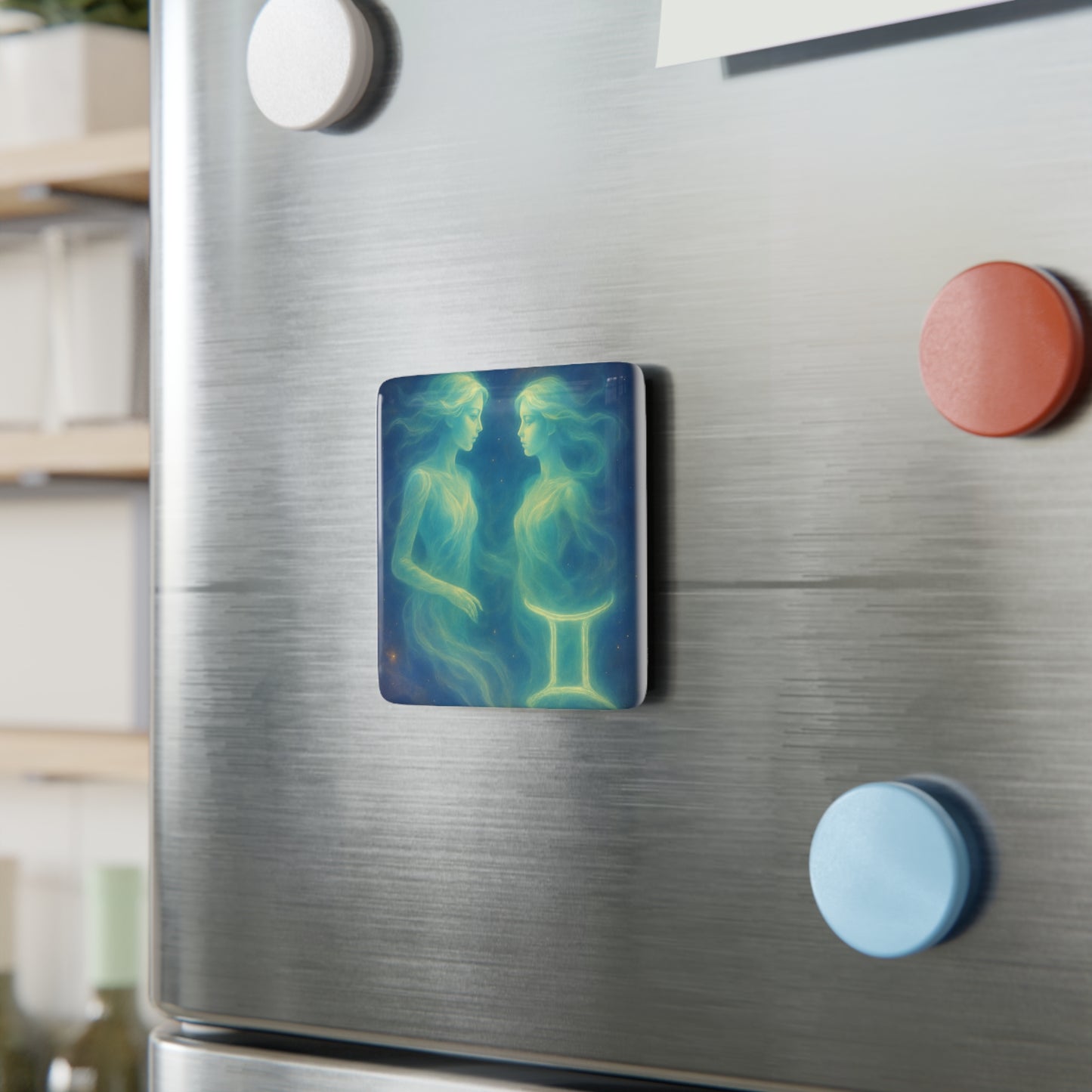Mystical Gemini Porcelain Magnet, Astrology Gift, Zodiac Decor, Space Lover's Collectible, Unique Kitchen Magnet